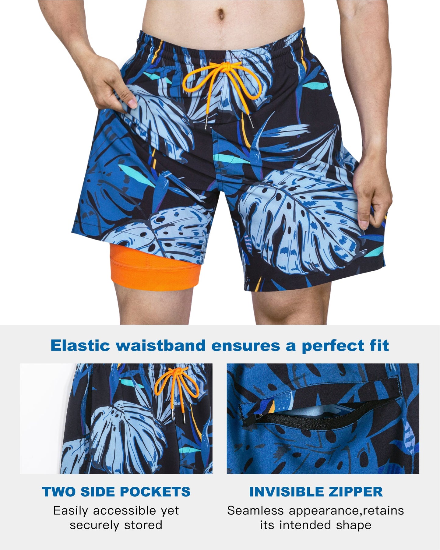Traje de baño Hombre 2 en 1 - Diseño Hojas Tropicales - largo pierna 18 cm - color Multicolor