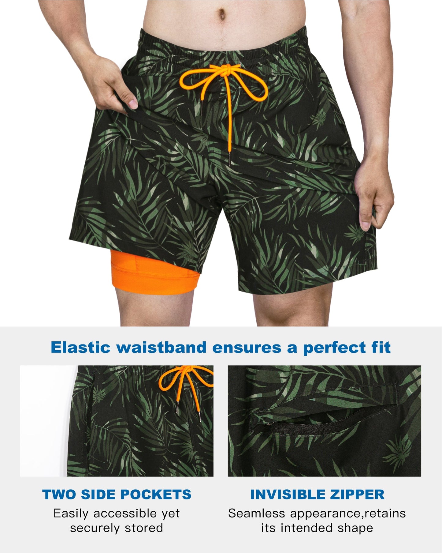 Traje de baño Hombre 2 en 1 - Diseño Hojas - largo pierna 18 cm - color Verde Oliva y Negro