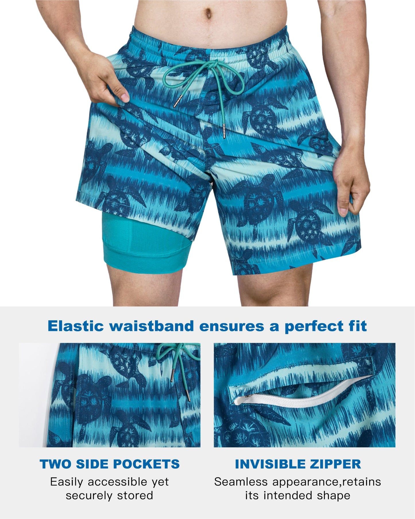 Traje de baño Hombre 2 en 1 - Diseño Tortugas - largo pierna 18 cm - color Azul