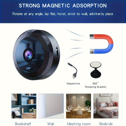 Cámara de seguridad WiFi mini - Visión nocturna, Detección de movimiento, Batería recargable, Montaje fácil, Control de aplicaciones