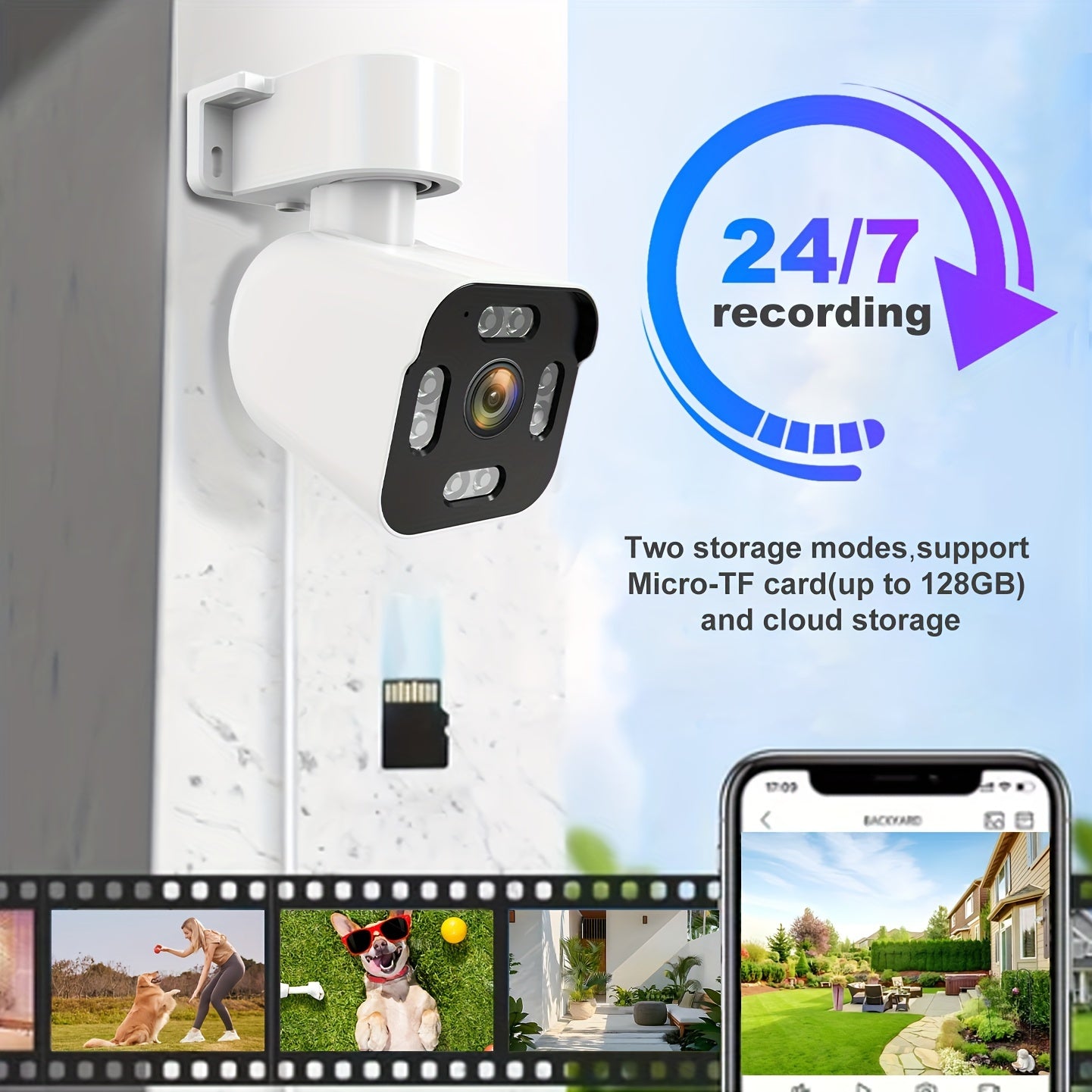 Cámaras PTZ para exteriores con vista de 360° - Sistema de seguridad para el hogar inalámbrico con visión nocturna a todo color, detección de movimiento AI y monitoreo en tiempo real