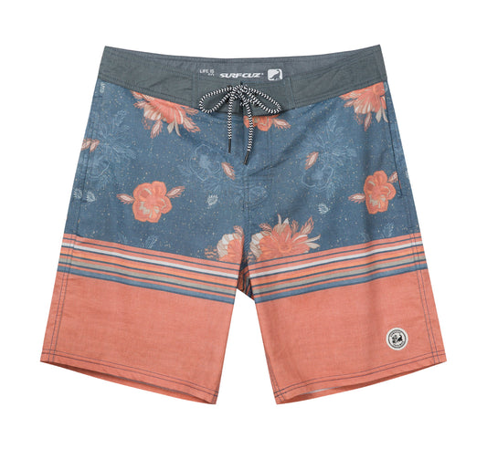 Traje de Baño Hombre estilo Boardshort - Diseño Flores anaranjadas - color Azul y Naranjo