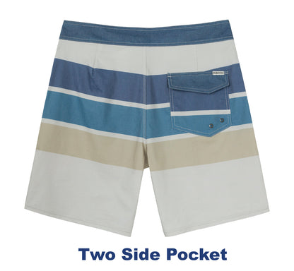 Traje de Baño Hombre estilo Boardshort - Diseño Lineas - Color Beige y Azules